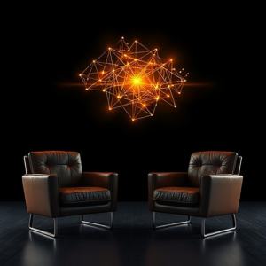 Two chairs facing a glowing golden framework diagram, representing the 1-on-1 Strategy Session