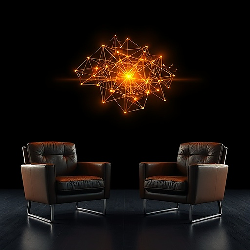 Two chairs facing a glowing golden framework diagram, representing the 1-on-1 Strategy Session