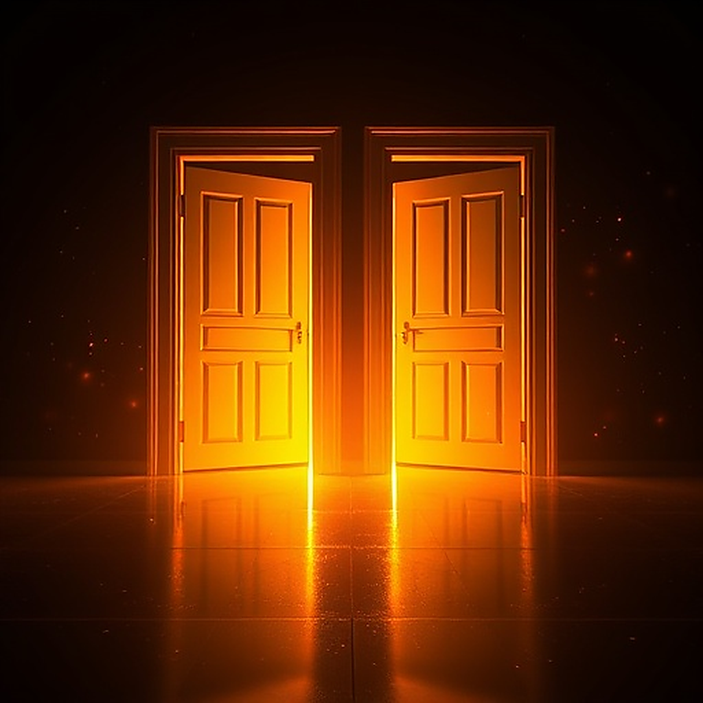 Two glowing golden doorways, representing the bundled Strategy Session and Exit Strategy Session